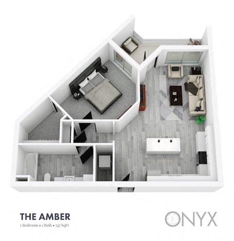 Floor plan for 1 bed, 1 bath, 743 sqft